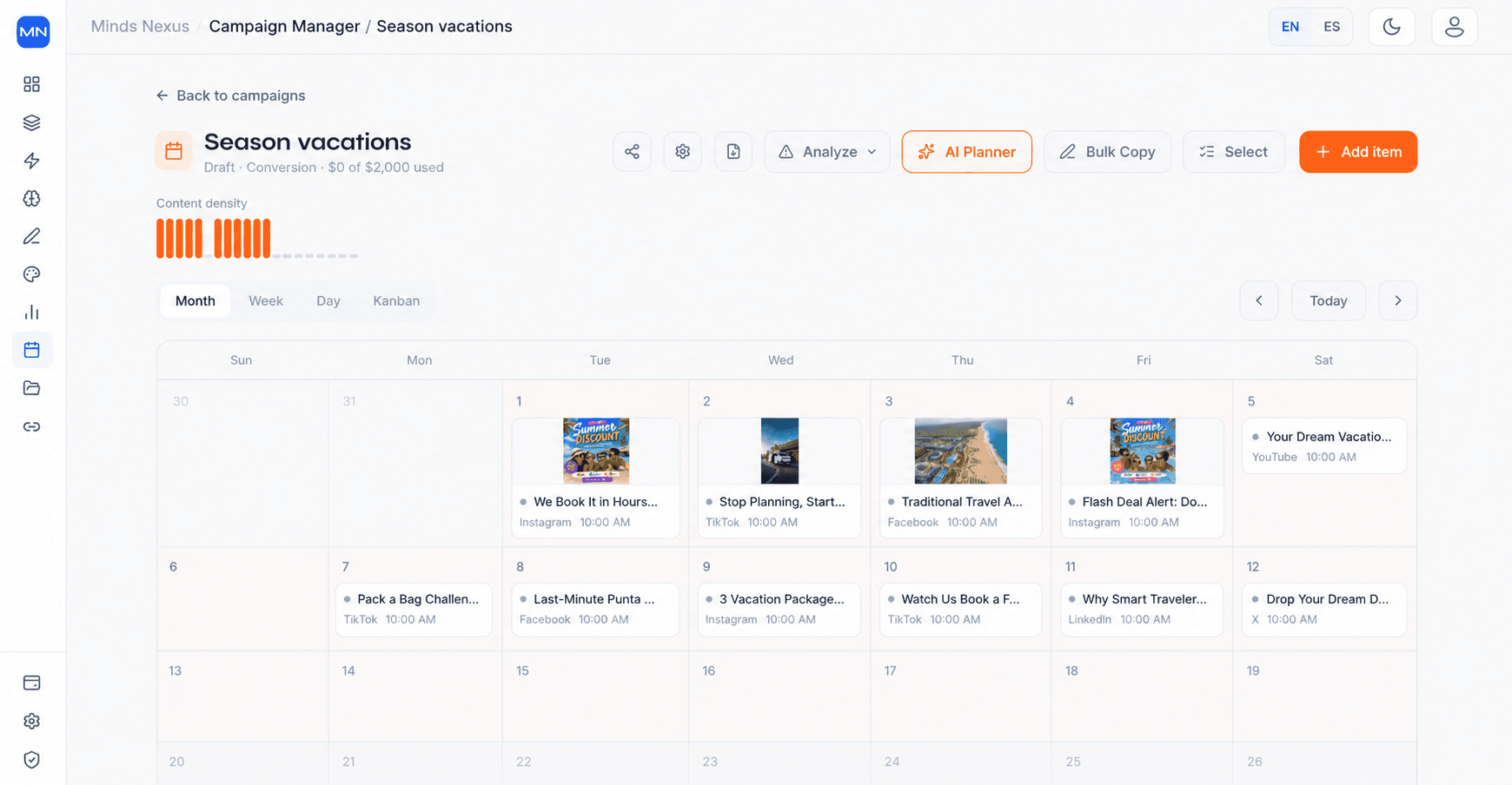 app.mindsnexusai.com Campaign Manager — Publish from the calendar. Learn from the results.