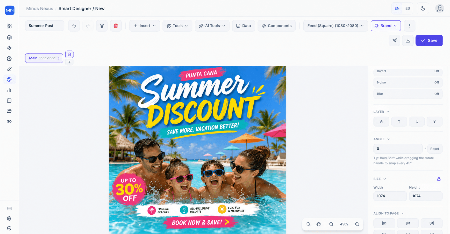 app.mindsnexusai.com Smart Designer — Professional design and copy, true to your brand.